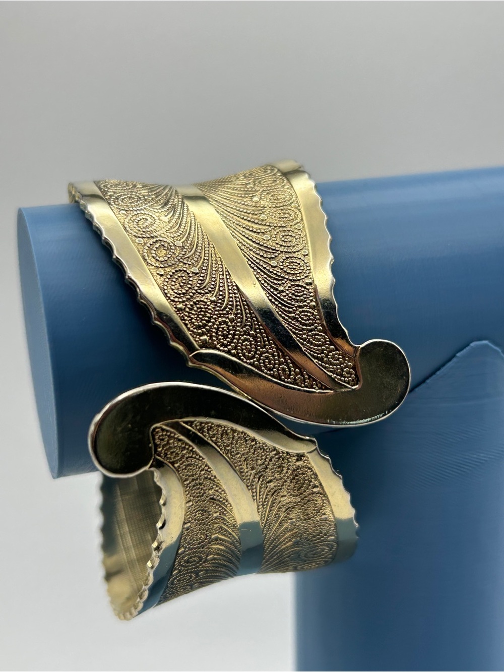 Vintage Gold Tone Hinged Cuff Bracelet Wide Etched Scroll Statement Boho